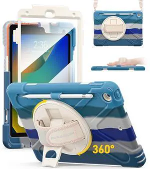 BRAECN Case for ipad 9th/8th/7th Generation 10.2'' Heavy Duty Screen Protector 360° Rotating Stand Handle Pencil Holder Shockproof Drop Protection Shoulder/Hand Strap Durable Kids-Friendly