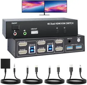 HDMI KVM Switch 2 Monitors 2 Computers 4K@60Hz USB 3.0 KVM Switcher Share Dual Monitor Extended Copy Display and 3 USB Devices Keyboard Mouse