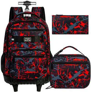 ZLYERT 3Pcs Rolling Backpack for Boys Men, Travel Wheeled Backpacks for Adults, Teens College Roller Bookbag with Wheels for Men(Red)