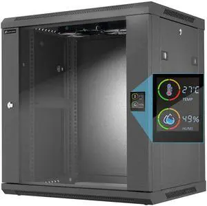 ZC HAPPY ORANGES 12U Wall Mount Rack Server Rack Enclosure with Temp & Humi Display, Side Panels Black, Locks, Network Cabinet 17.7 Deep, 19 Inch Server Cabinet for IT/A/V Devices