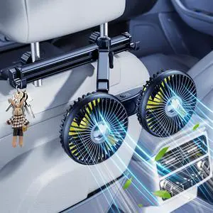 DICMKY Dual Head Car Cooling Fans for Backseat kids with Long Arm, 2000mAh Battery Powered Rechargeable Car Back Seat Headrest Fan for Baby Dog Rear Facing 12V Car Accessories for Sedan Suv Rv Truck