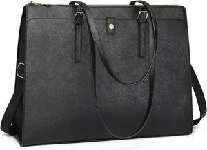 Leather Laptop Tote Bag for Women 15.6 Inch Computer Briefcase - Waterproof Large Capacity Classy Business Tote for Work - Black