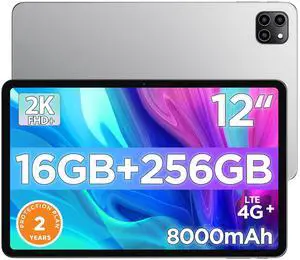 Android Tablet, 12 inch Large Screen Tablet, 2 Years Protection, 1200 x 2000 IPS 2K Resolution Display, Reinforced Type-C Port, 18W PD Charger, 8000mAh Battery, 8MP+13MP Camera, WiFi 6 & Bluetooth 5.4