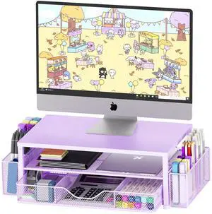 OPNICE Desk Organizers and Accessories, 2-Tier Computer Monitor Stand for Desk Organizer with Drawer and 2 Pen Holders, Office Desk Accessories Workspace Desktop Organizers for Office Supplies, Purple