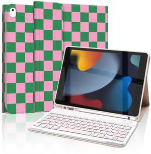 Mewealth Keyboard Case for iPad 9th / 8th / 7th Generation 10.2 Inch with Pencil Holder, Detachable Keyboard Cover for iPad Pro 10.5" / iPad Air 3rd, Checkered Plaid Green-Pink