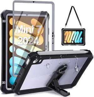 for iPad Mini 6/7 Case 2021/2024 - Waterproof Case with Built-in Screen Protector - Full Protection Shockproof Cover with Strap Stand Pencil Holder Kickstand, Black