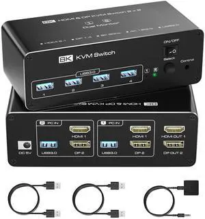 KVM Switch 2 Monitors 2 Computers, 8K@60Hz KVM Switch HDMI Extended Display, 4K@120Hz, KVM Switches for 2 Computers Sharing 2 Monitor, 4 USB 3.0 Devices Such as Keyboard, Mouse, Printer, Scanner