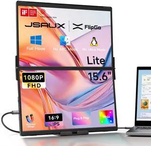 JSAUX FlipGo Lite 15.6" Portable Dual Stacked Monitor, 1080P FHD IPS Laptop Screen Extender with Built-in Hub, Magnetic Design, No Driver Required, One Cable for Triple Monitor Setup (Windows Only)