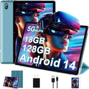DMOAO Tablet, 10.1 Inch Tablets, Android 14 Tablet with 18GB RAM+128GB ROM/ 1TB Expand, Octa-Core 1.8GHz CPU, 6000mAh Battery, 5G WiFi, WiFi 6, BT5.0, Widevine L1 HD IPS Tableta PC-Blue