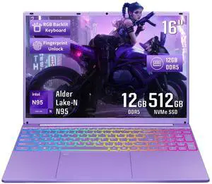 BINTEC Laptop Computer,16 Inch Narrow Bezels FHD IPS Display,Celeron N95 Up to 3.4Ghz12GB DDR5Windows 11 Laptop with Quad-CoreColor Backlit KB/Fingerprint Unlock/USB/Bluetooth Purple/512GB