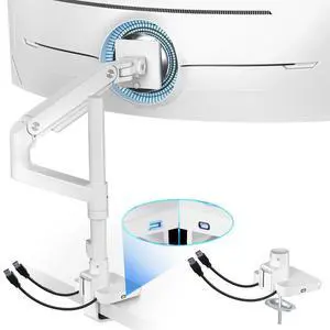 ARES WING Ultrawide Monitor Mount with USB A/C, with Extended Column for 17 to 49 inch Heavy Duty Monitor, Holds 44 lbs, Adjustable Gas Spring Desk Mount, White