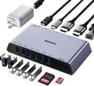 BENFEI DisplayLink 12-in-1 USB 3.0 Universal Docking Station with Dual HDMI Display/6*USB Ports/SD/TF Card Reader/Gigabit Ethernet Network/3.5mm Female Headphone Jack Compatible with Windows and Mac
