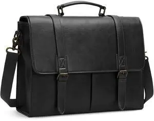 RAINSMORE Messenger Bag for Men 15.6 Inch Vintage Leather Briefcase Waterproof Laptop Bag Large Satchel Office Work Business College Computer Bag, Black