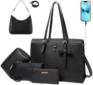 Keyli 4pcs Laptop Bag for Women 15.6 inch and Shoulder Bag Soft Waterproof Leather Handbags Laptop Purse with USB Charging Port
