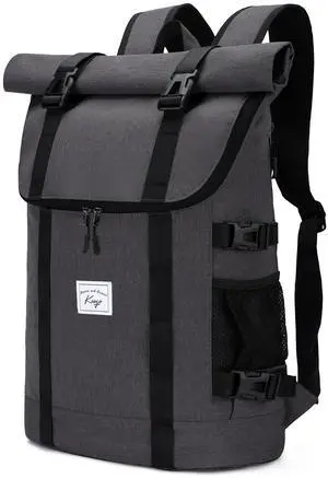 Kasqo Rolltop Backpack, Water-Resistant Backpack with Laptop Compartment for 17 Inch Computer Men Women 26L-33L Expandable Anti-Theft Daypack for Travel Work Business Dark Gray