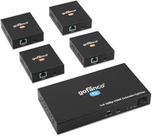 gofanco 1080p 1x4 HDMI Extender Splitter Over CAT5e/6/7 Ethernet Cable - Up to 165ft (50m), HDMI Local Loopout, PoC, EDID, IR Extension, 5.1/7.1ch Audio, Mountable, 1 in 4 Out (HDExt4P-Pro, v2.0)