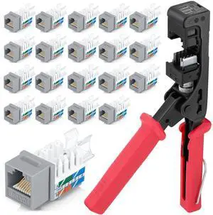 Everest easyJACK - 45° Angled Speed Termination Keystone Tool Set - with 20-Pack of RJ45 Cat6 Keystone Jacks in Purple (Slim Profile Design) - Time Saver Network Punch Down Tool Cat6