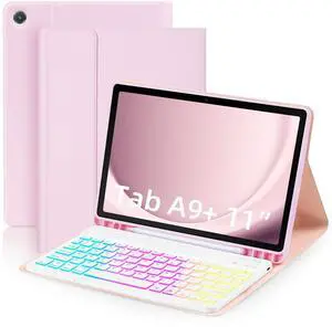 EAMPANG Case with Keyboard for Samsung Galaxy Tab A9 Plus 11 inch (SM-X210/X215/X216/X218),7 Color Rainbow Backlight Detachable USB-C Keyboard Magnetic Case with Pen Slot for Tablet A9+ 5G Pink