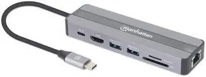 Manhattan USB-C 7-in-1 Docking Station with Power Delivery  7 in. Cable, USB C 3.2 to HDMI (4K@30Hz), 2 USB-A (5 Gbps), Gigabit RJ45, USB-C PD (87W), SD & microSD Card Reader, Aluminum Housing-153928