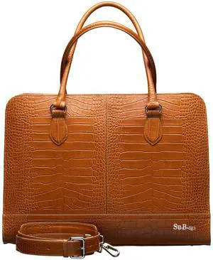Su.B.dgn 14 inch Laptop Bag, with Luggage Strap, Made in Italy, Briefcase for Women, Croco Print Leather, Crossbody Bag with Shoulder Strap - Brown