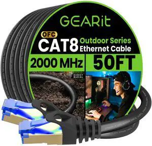GEARit Cat8 Outdoor Ethernet Cable (50 Feet) Waterproof, Direct Burial, In-Ground, LLDPE UV Jacket, Pure Copper, 26AWG, 40Gbps 2000Mhz SFTP Patch Cord, POE, Network, Internet, Cat 8 Cable - 50ft