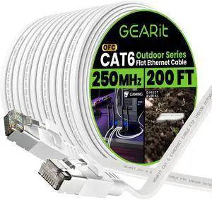 GEARit Cat 6 Outdoor Flat Ethernet Cable (200ft, White) Direct Burial Rated LLDPE Jacket - Indoor Cat6 Shielded FTP 10Gbps High Speed Gaming Computer Network RJ45 Snagless Patch Cord Internet