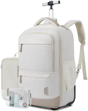 BAGSMART Rolling Backpack, Water-Resistant Travel Laptop Backpacks with Wheels for Adults, 17 Inch Large Roller College Backpack Luggage Carry on with 2 Packing Cubes, Beige