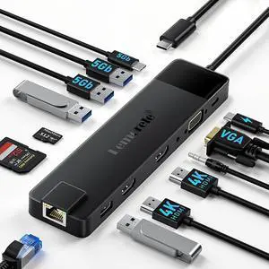 Lemorele 13 in 1 USB C Docking Station for Triple Monitors, Dual 4K HDMI, 1000M RJ45, VGA, 4 USB 3.0/2.0, SD/TF, 3.5MM Audio, USB C 3.0, 100W PD, Compatible with Type C Laptops
