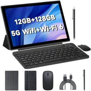 Android Tablet 10 inch 2 in 1 Tablets with Keyboard Case Mouse Stylus, 12GB RAM 128GB ROM 1TB Expand, Quad-Core 2.0GHz CPU Tablet PC, 5G WiFi 6 BT 5.0, 8MP Camera, Google Certified Tableta