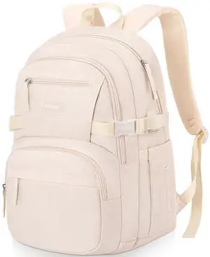 WINDARS Backpack for School Girls, Cute High School Backpacks for Teens Women Student Large Bookbag 15.6 Inch Laptop Bag with USB Charger Port for College Work Travel Trip (Beige)