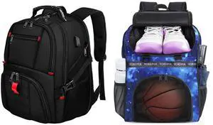 YOREPEK Travel Backpack & Basketball Bag, Extra Large 50L Laptop Backpacks for Men Women, Large Basketball Backpack with Shoe Compartment and Ball Holder, Water Resistant Backpack, Black & Star Blue