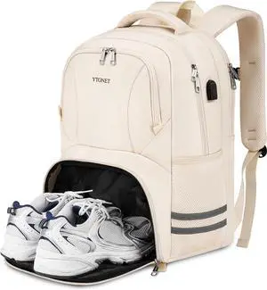 Ytonet Gym Backpack For Women Men, Travel Backpack With Shoe Compartment USB Charging Port, Sport Water Resistant Carry on Bag Fit 15.6 Inch Laptop, Camping, Workout, Hiking, College, Beige