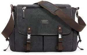 Messenger Bag for Men, Water Resistant Unisex Classic Vintage Canvas Shoulder Bag,15.6 Inch Laptop Bag, School Bookbag, Black-Large