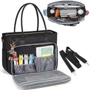 RAINSMORE Teacher Tote Bag 15.6 inch Laptop Bag for Women Work Bags Laptop Tote Nurse Bag Professional Computer Messenger with Insulated Pocket, Laptop Briefcase for Office, College, Nursing, Black