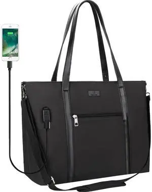 Laptop Tote Bag for Women 17 Inch, Large Teacher Tote Bag Office Work Bag Business Briefcase with Compartment and USB and Shoulder Straps Nylon Waterproof Computer Handbag Satchel