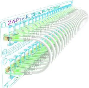 Sokqovt Cat6a Patch Cables Slim 15ft (24 Pack), Flexible Ethernet Cable 10G 550MHZ, 28AWG Pure Copper Cat6 for Network Cabinet, Cat 6 White