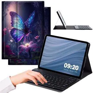 RMJKXQZG for Samsung Galaxy Tab A7 Lite Case with Keyboard, Strong Magnetic Sealing Leather Cover Detachable Wireless Keyboard for Samsung A7 Lite 8.7[SM-T220/T225/T227], Glowing Purple Butterflies
