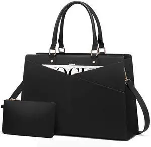 LOVEVOOK Laptop Tote Bag for Women, Leather Business Office Work Bag Computer Briefcase with Small Clutch fit for 15.6 Inch Laptop Black