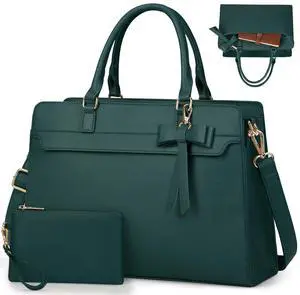Laptop Bag for Women 15.6 inch Leather Laptop Tote Bag Large Computer Bag Waterproof Business Office Work Bag Briefcase with Satchel Purse 2pcs Set, Dark Green