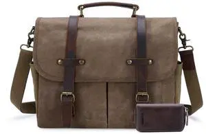 Messenger Bag for Men, 15.6 Inch Waterproof Vintage Genuine Leather Laptop Briefcase Waxed Canvas Large Computer Satchel bag Travel Leather Shoulder Work Bag with Key Bag (Brown)