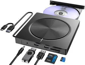 Umaniy External CD/DVD Drive,DVD Player for Laptop,6 in 1 Portable DVD Reader Writer ROM Drive,USB CD Burner External Disk Drive Compatible with Laptop Desktop Mac,Windows 11/10/8/7 Linux OS