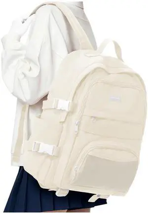 VGOCO School Backpack for Teen Girls Boys Multi-pocket Middle School Bag Cute College Backpacks for Women Men Elementary Student Bookbags Aesthetic Backpack Casual Daypacks White