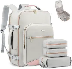 LOVEVOOK Carry on Backpack, 50L Travel Backpack Flight Approved, Waterproof Large 18inch Laptop Backpack Luggage Daypack Business Weekender Overnight with 3 Packing Cubes, Light gray-Pink