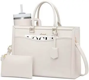 LOVEVOOK Laptop Tote Bag for Women, Leather Office Work Bag Briefcase fit for 15.6 inch Laptop, Large Teacher Computer Bag Handbag,2pcs Set Leather/Beige