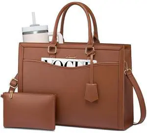 LOVEVOOK Laptop Tote Bag for Women, Leather Office Work Bag Briefcase fit for 15.6 inch Laptop, Large Teacher Computer Bag Handbag,2pcs Set Leather/Brown