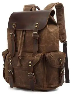 Genuine Leather Canvas waxed Backpack Travel Rucksack Laptop Bag