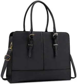 Laptop Bag for Women Leather Work Tote 15.6 Inch Laptop for Computer Bag Waterproof Business Office Professional Large Capacity Handbag Shoulder Bag Black