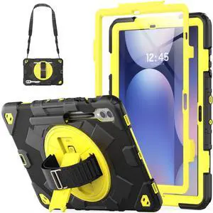 HXCASEAC Case for Samsung Galaxy Tab S10+ Plus / S9 Fe+ / S9+ 5G 12.4 inch Protective with Screen Protector/S Pen Holder/ 360 Rotating Stand Hand Strap - Yellow