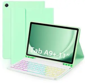 EAMPANG Case with Keyboard for Samsung Galaxy Tab A9 Plus 11 inch (SM-X210/X215/X216/X218),7 Color Rainbow Backlight Detachable USB-C Keyboard Magnetic Case with Pen Slot for Tablet A9+ 5G Green