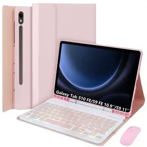 Keyboard Case for Samsung Galaxy Tab S10 FE/S9 FE 10.9 Inch/Galaxy Tab S9 11 Inch 2023, Mouse and 7-Color Backlit Detachable Bluetooth Keyboard, Ultra-Thin Folio Cover with S Pen Holder,Pink
